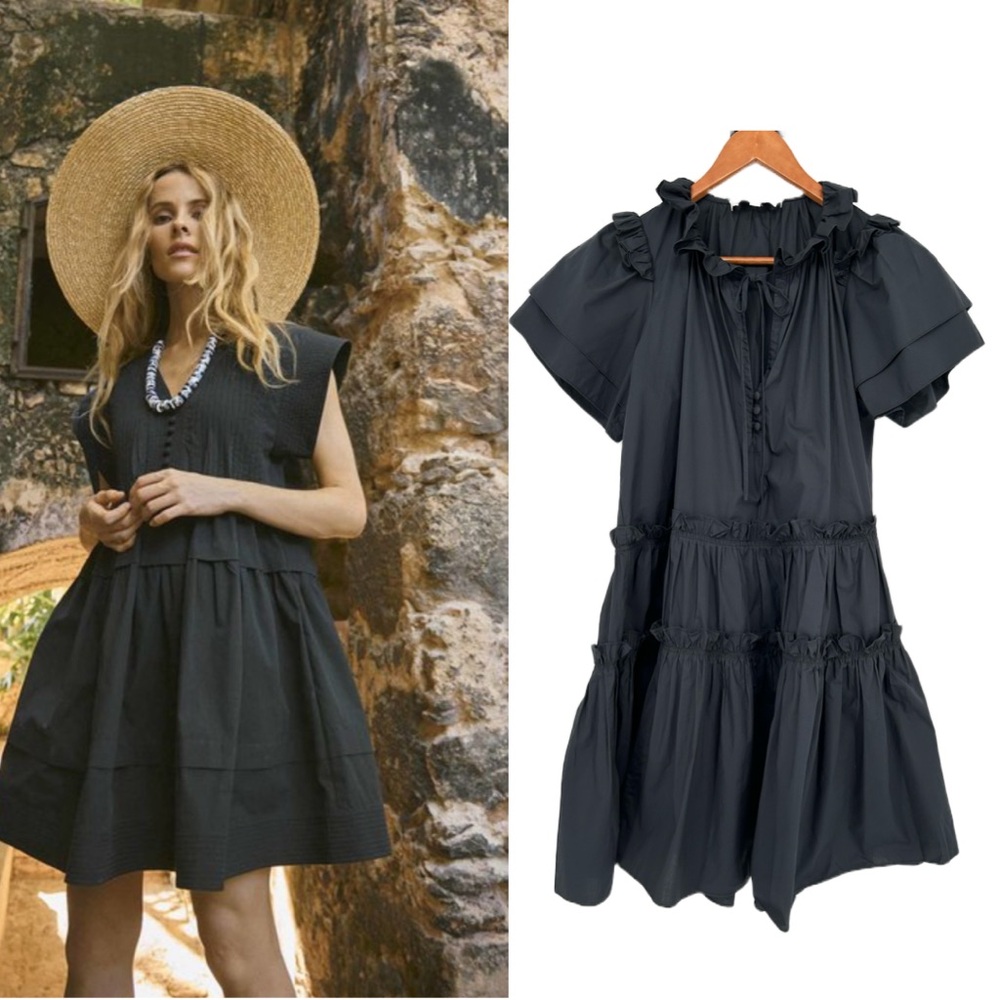 Hunter Bell Merritt Dress Black Size XS Cotton Ruffle Tiered Trapeze Mini
